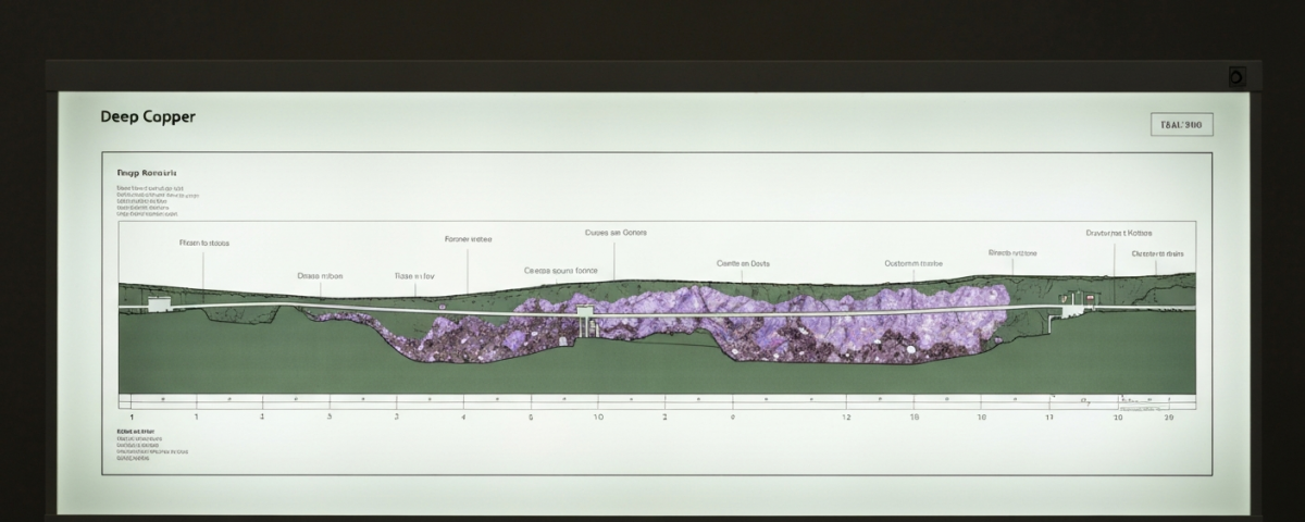 Geologisches Querschnittsmodell eines Kupfer-Porphyr-Systems auf einem Leuchtpult mit Mineralakzenten in Grün und Violet