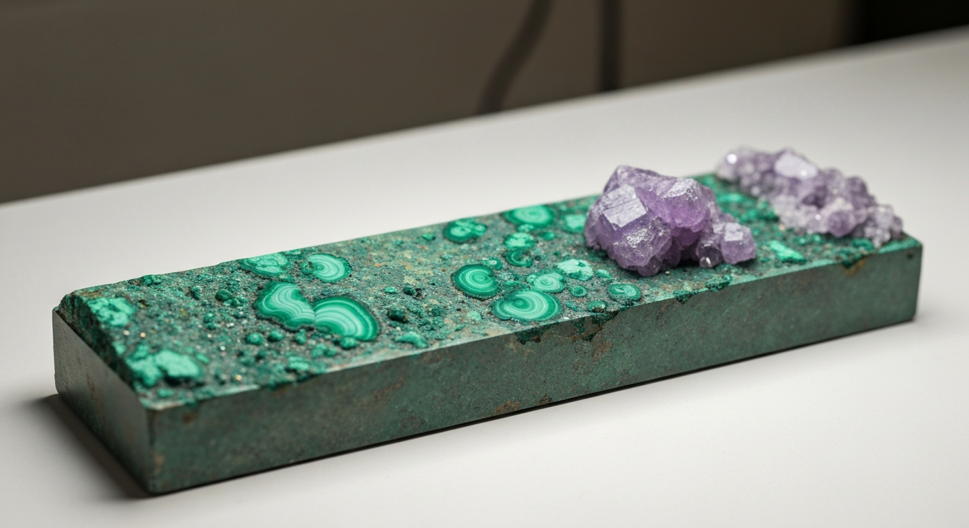 Drill core tray showing copper porphyry mineralization — green malachite and violet chalcopyrite on a white laboratory surface