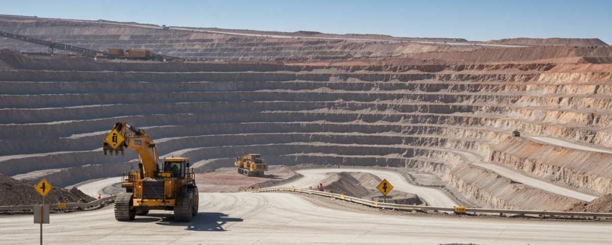 Weitwinkelaufnahme eines Kupfer-Tagebaus im amerikanischen Südwesten mit industrieller Infrastruktur