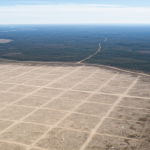 Luftaufnahme einer subarktischen Landschaft mit Mineralrechts-Markierungen im hellen Tageslicht