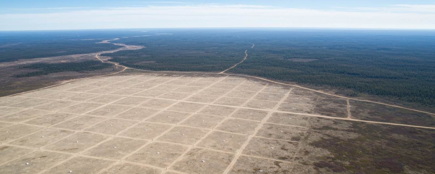 Luftaufnahme einer subarktischen Landschaft mit Mineralrechts-Markierungen im hellen Tageslicht