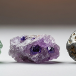 Drei Mineralmuster auf weißer Laborfläche: Spodumen, Pollucit und Columbit als LCT-Pegmatit-Beispiele