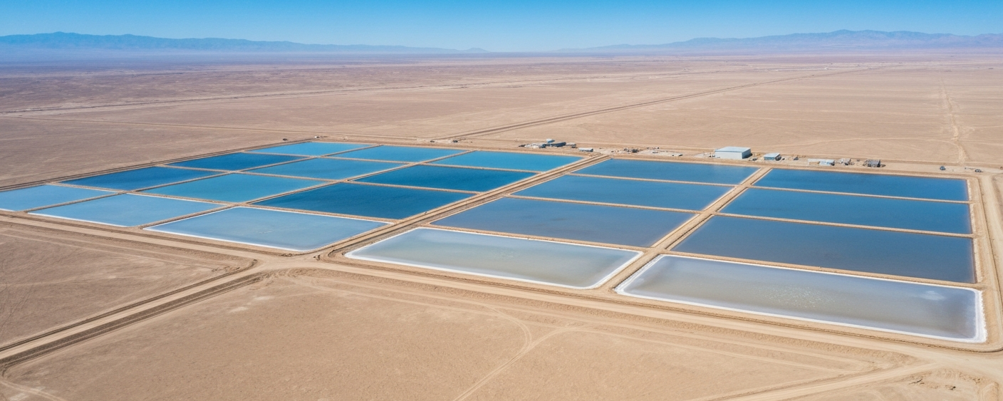 Luftaufnahme eines Lithium-Verdunstungsteich-Komplexes in einer Wüstenregion mit salzweißem Boden und hellblauen Becken
