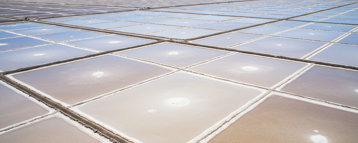 Vogelperspektive auf Lithium-Evaporationsteiche im Salar-Hochland mit weißer Salzkruste und blauem Himmel