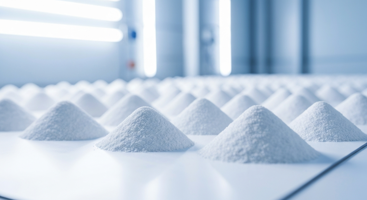Lithiumkarbonat-Pulver auf weißer Oberfläche in einer modernen Verarbeitungsanlage