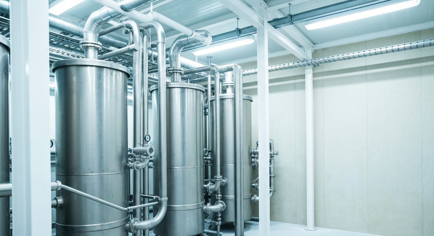 Interior of a lithium processing facility with stainless steel filter tanks and pipework under bright industrial lighting