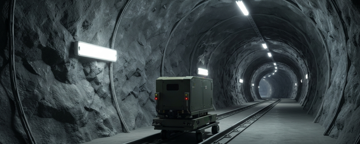 Roboter-LiDAR-System auf Schienen in einem Untertage-Stollen mit grauem Gestein