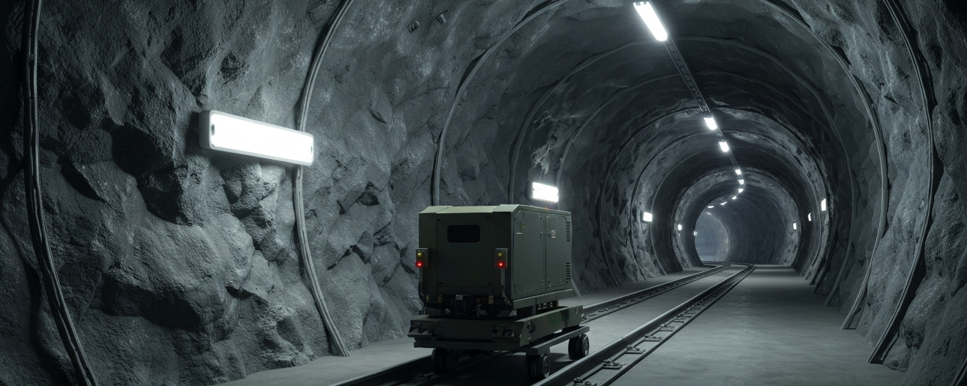 Roboter-LiDAR-System auf Schienen in einem Untertage-Stollen mit grauem Gestein