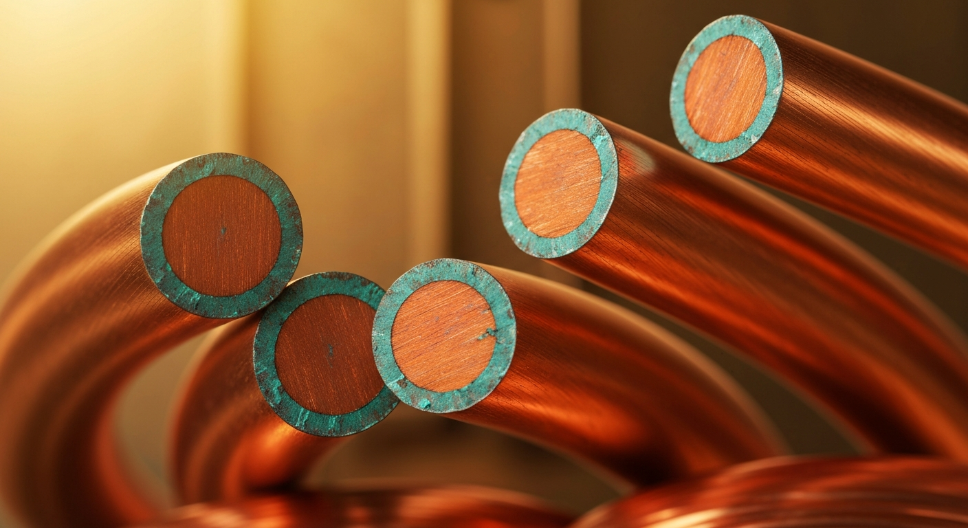 Nahaufnahme von Kupferkabeln und -drähten mit rötlich-orangem Metallkern und grünlicher Patina