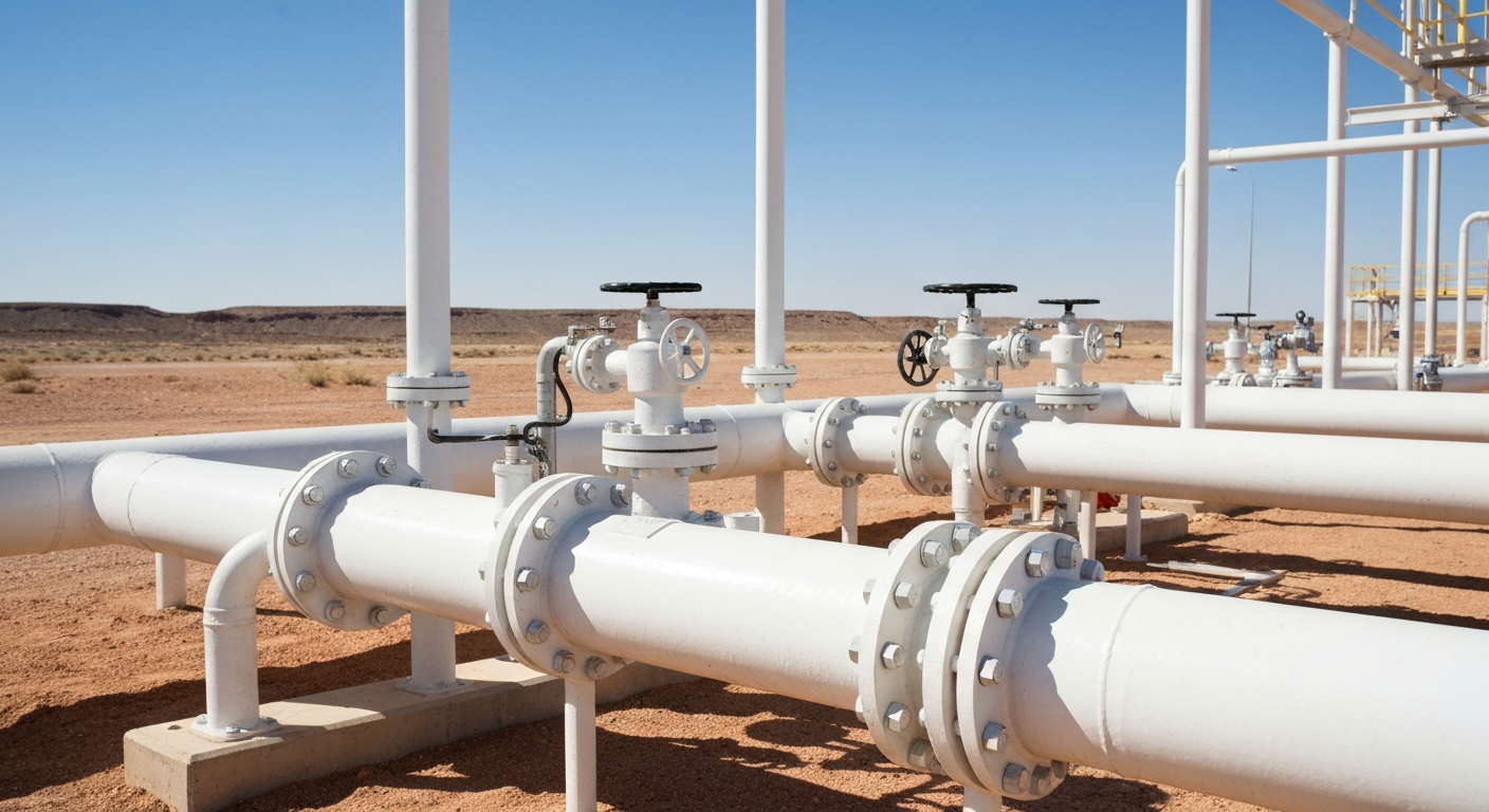 Industrielle Wasserinfrastruktur mit Rohrleitungen und Ventilen an einem Bergbaustandort