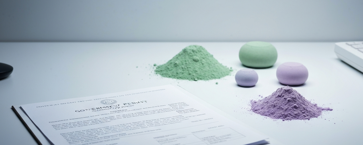 Explorationslizenz-Dokument neben Seltene-Erden-Oxidproben in gedämpften Farben auf weißer Unterlage