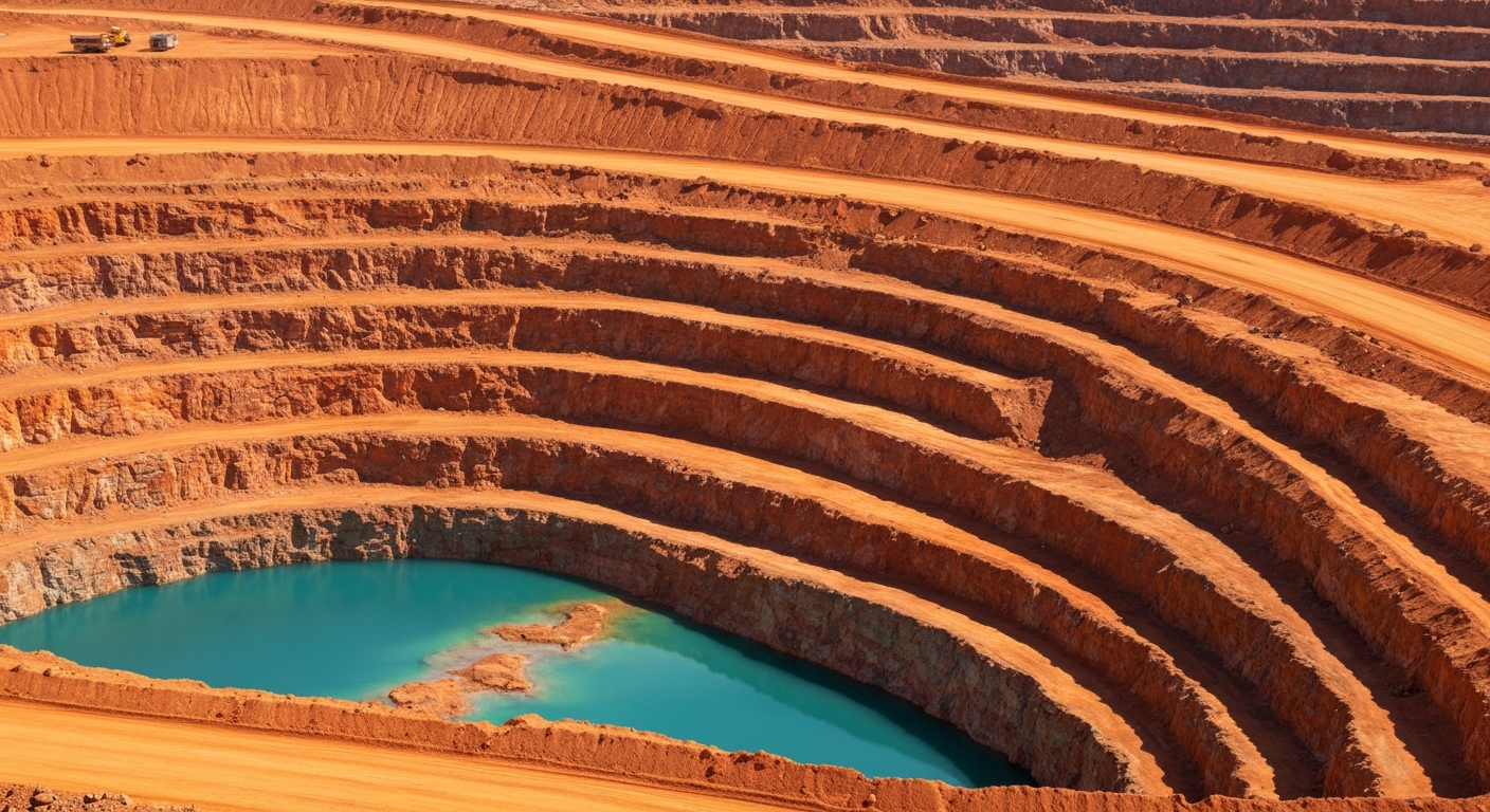 Luftaufnahme eines Kupfer-Tagebaus in Westaustralien mit roten Gesteinsschichten und türkisblauem Wasser