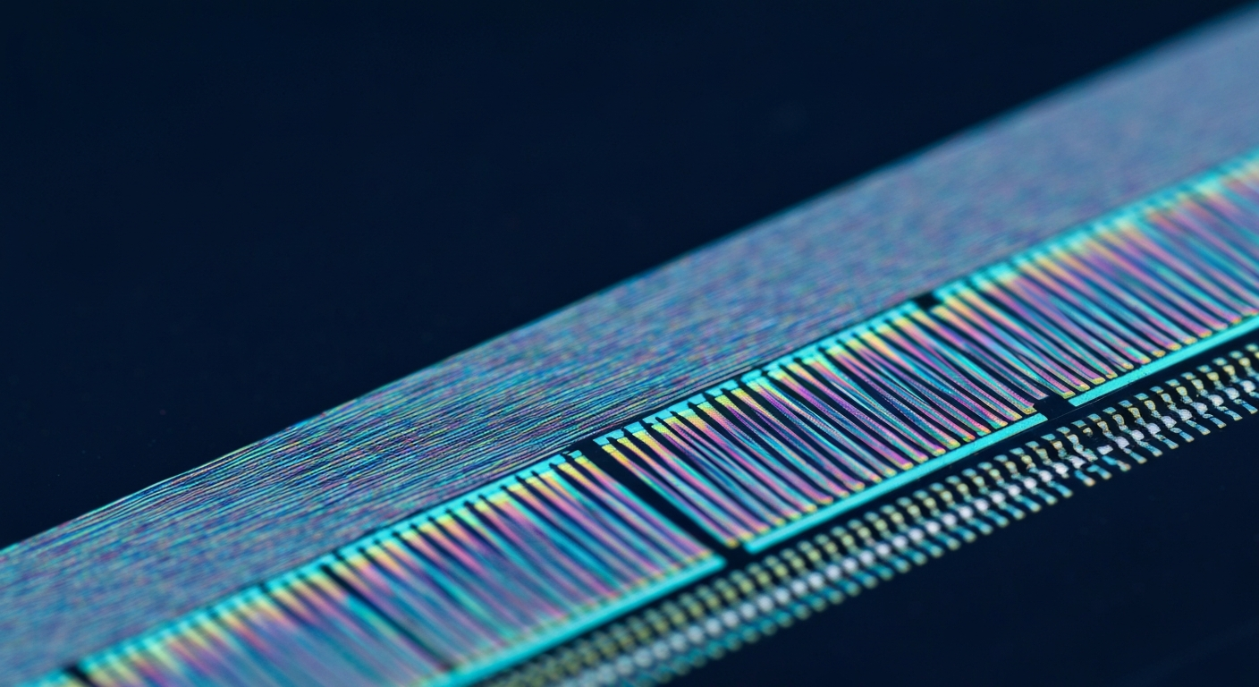 FPGA chip with iridescent interference patterns under fluorescent light