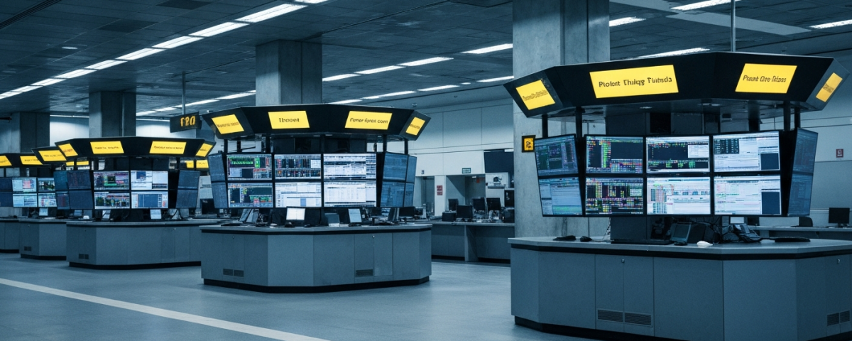 Modernes elektronisches Börsenhandelszentrum mit digitalen Screens in Stahlblau und Betongrau