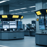 Modernes elektronisches Börsenhandelszentrum mit digitalen Screens in Stahlblau und Betongrau