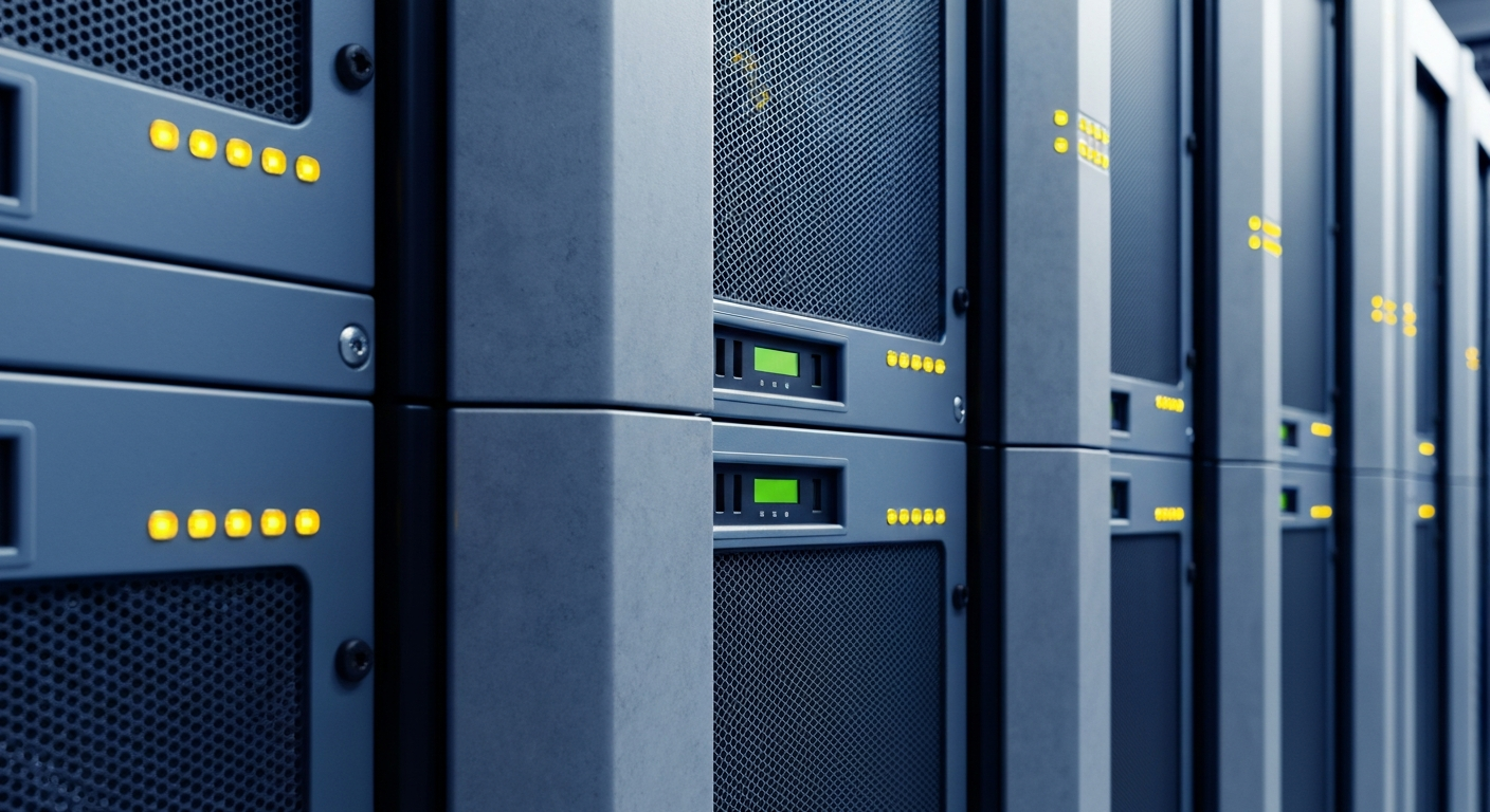 Vernetztes Serverrack-System in einem Finanzdatenzentrum mit kaltem technischen Licht