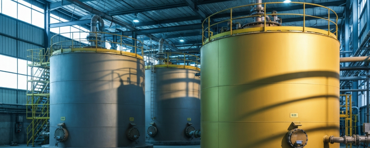Industrielle Goldaufbereitungsanlage mit Laugungstanks in kühlem Licht