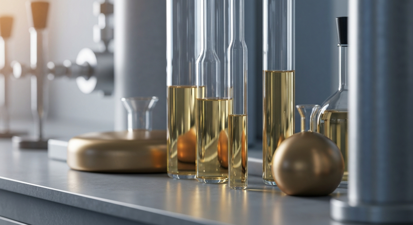 Metallurgisches Labor mit Goldlösung in Glasgeräten auf grauer Arbeitsfläche