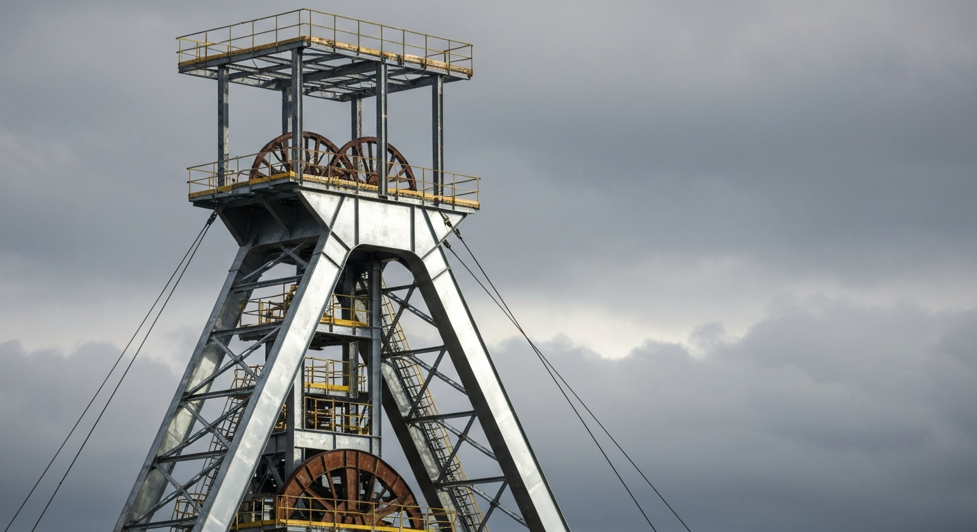 Headframe of a silver mine in British Columbia under an overcast sky