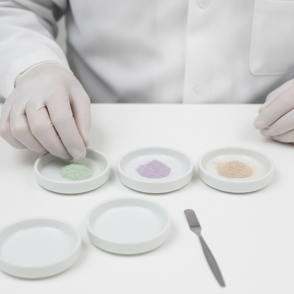 Rare earth oxide samples in ceramic dishes on a white laboratory surface – various muted color tones