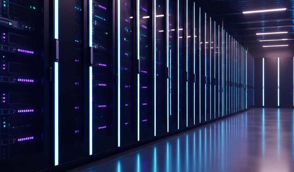 Serverraum mit blau-cyan LED-Lichtstreifen symbolisiert den Bedarf an Hochleistungsmagneten für KI-Infrastruktur