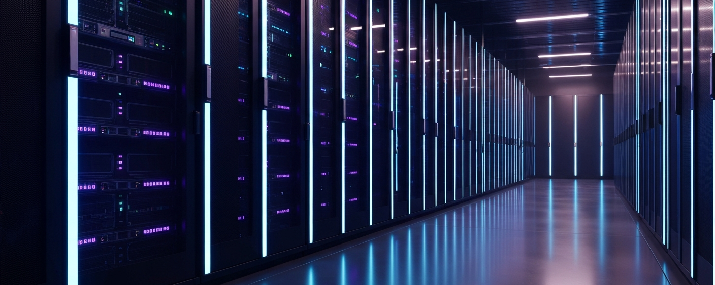 Serverraum mit blau-cyan LED-Lichtstreifen symbolisiert den Bedarf an Hochleistungsmagneten für KI-Infrastruktur