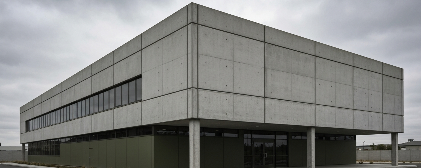 Gray concrete ministry building under an overcast sky, muted colors, editorial style