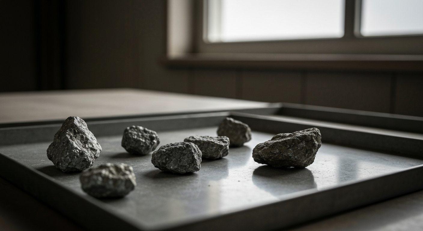 Antimony ore samples on a metal tray in an exploration office, muted industrial color palette
