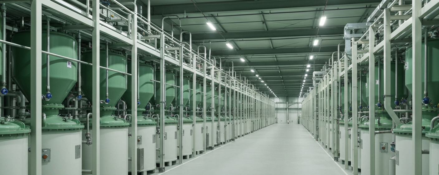 Interior view of a rare earths processing facility with mixer-settler tanks under neutral industrial lighting