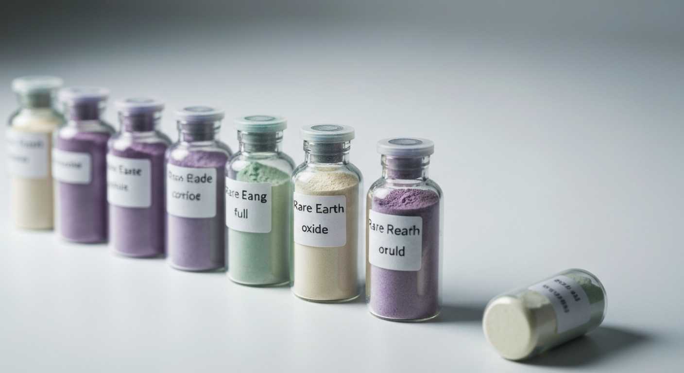 Labeled glass vials containing rare earth oxide powders in muted colors on a laboratory bench