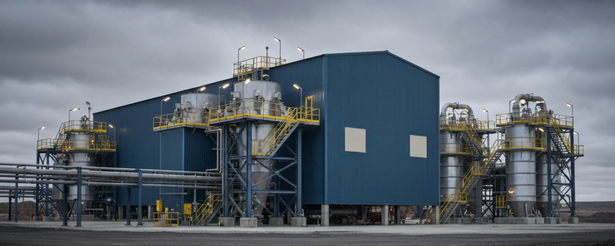Uranaufbereitungsanlage unter bedecktem Himmel in Stahl-Blau und Betongrau