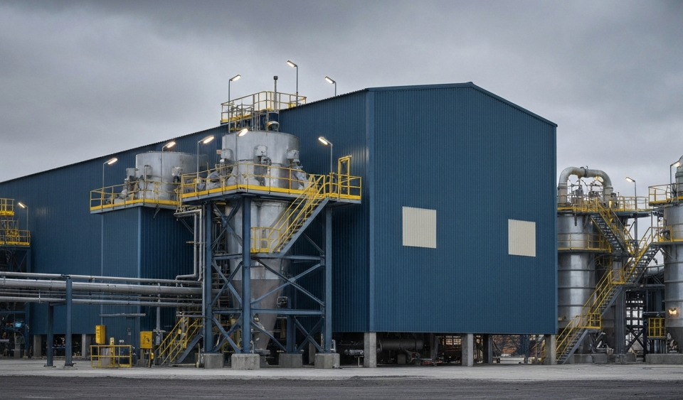 Uranaufbereitungsanlage unter bedecktem Himmel in Stahl-Blau und Betongrau