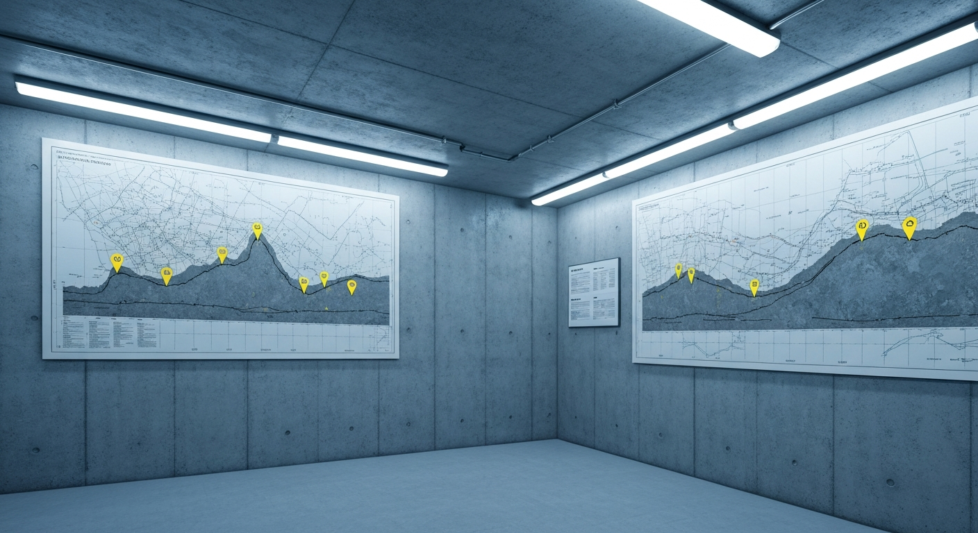 Geologische Querschnittskarten an Betonwänden einer technischen Analysestation