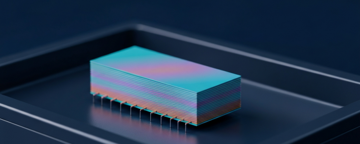 Palladiumbeschichteter Keramikkondensator unter Cleanroom-Licht mit irisierender Cyan-Magenta-Oberfläche