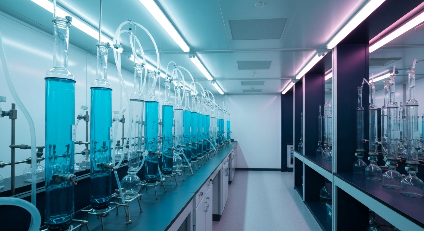 Chemisches Trennlabor mit Glassäulen und cyan-gefärbten Lösungen für Metallseparation