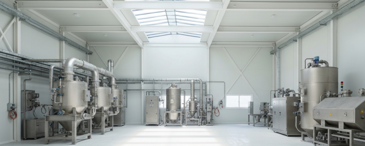 Modernes Lithium-Verarbeitungswerk mit industriellen Anlagen in heller, sachlicher Atmosphäre
