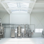 Modernes Lithium-Verarbeitungswerk mit industriellen Anlagen in heller, sachlicher Atmosphäre