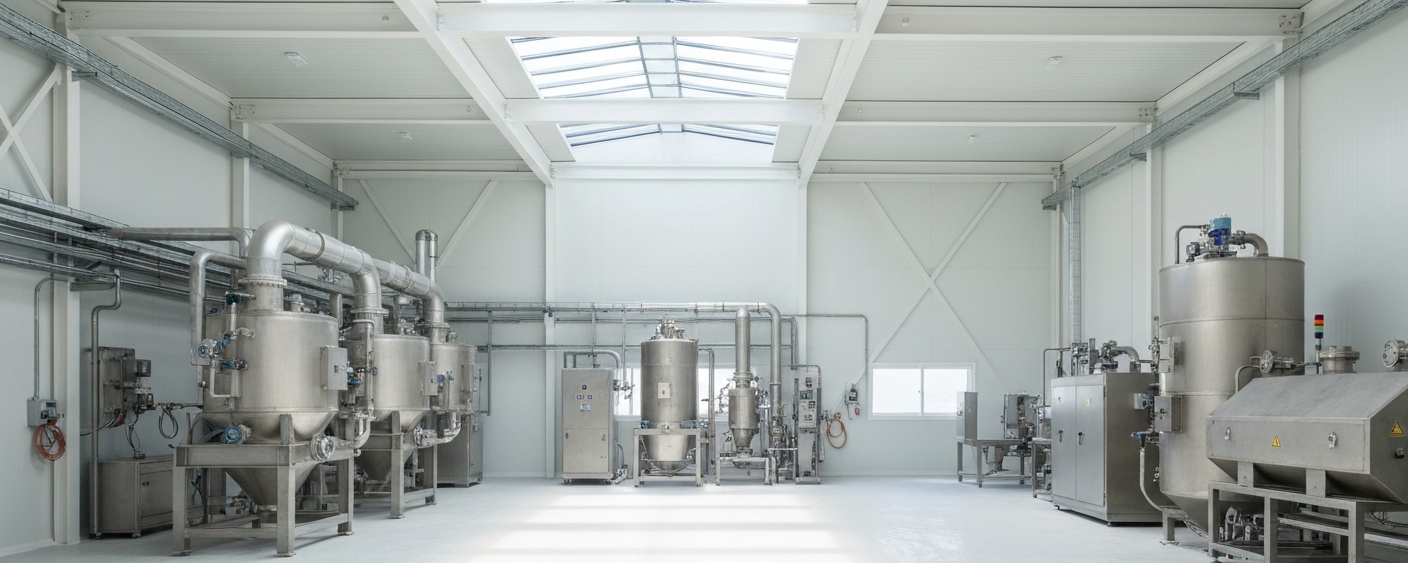 Modernes Lithium-Verarbeitungswerk mit industriellen Anlagen in heller, sachlicher Atmosphäre