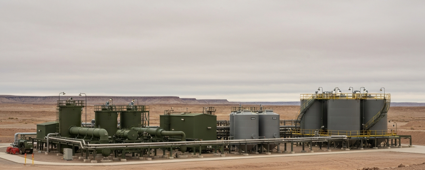 Uranverarbeitungsanlage in der Utah-Wüste unter bedecktem Himmel, industrielle Stahlbehälter