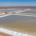 Luftaufnahme einer Lithium-Eindampfanlage in einer ariden Salzflächenlandschaft bei strahlendem Tageslicht