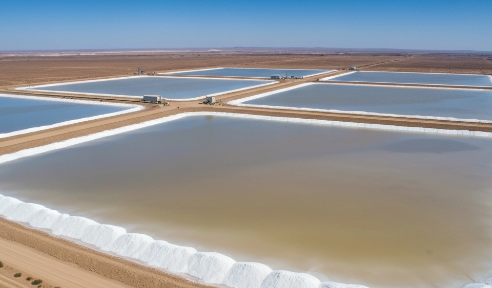 Luftaufnahme einer Lithium-Eindampfanlage in einer ariden Salzflächenlandschaft bei strahlendem Tageslicht