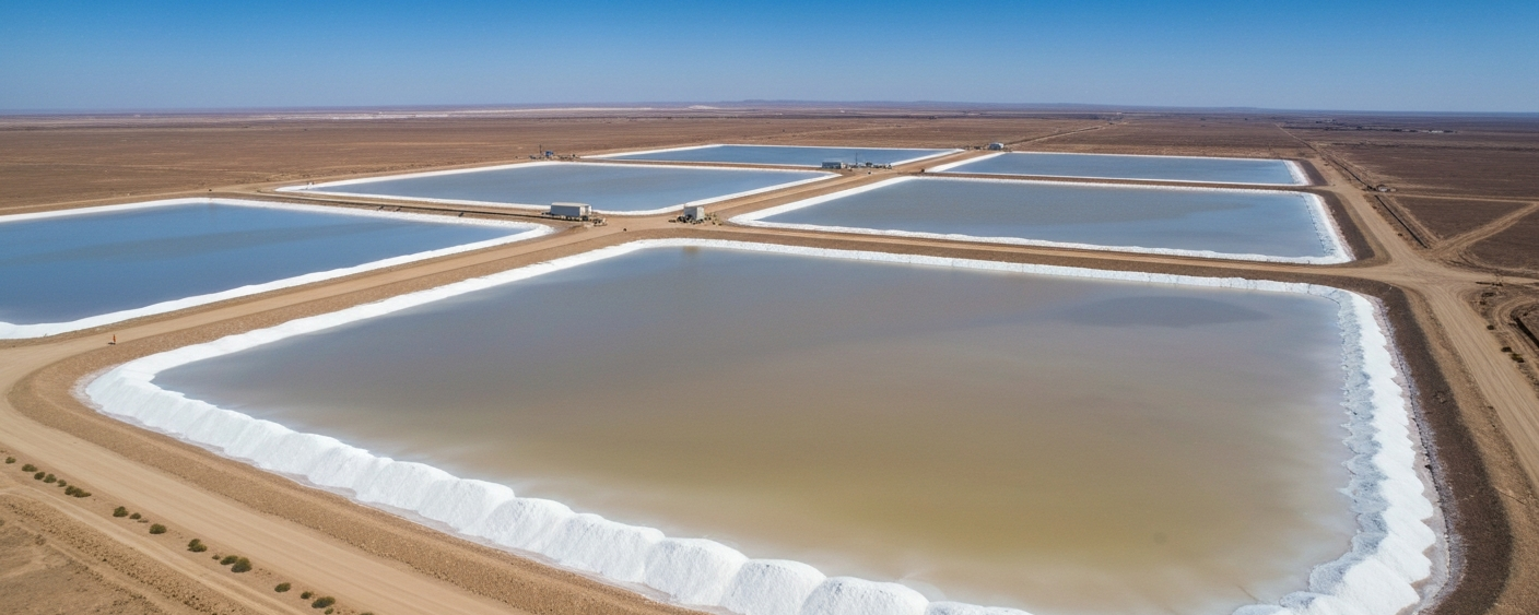 Luftaufnahme einer Lithium-Eindampfanlage in einer ariden Salzflächenlandschaft bei strahlendem Tageslicht