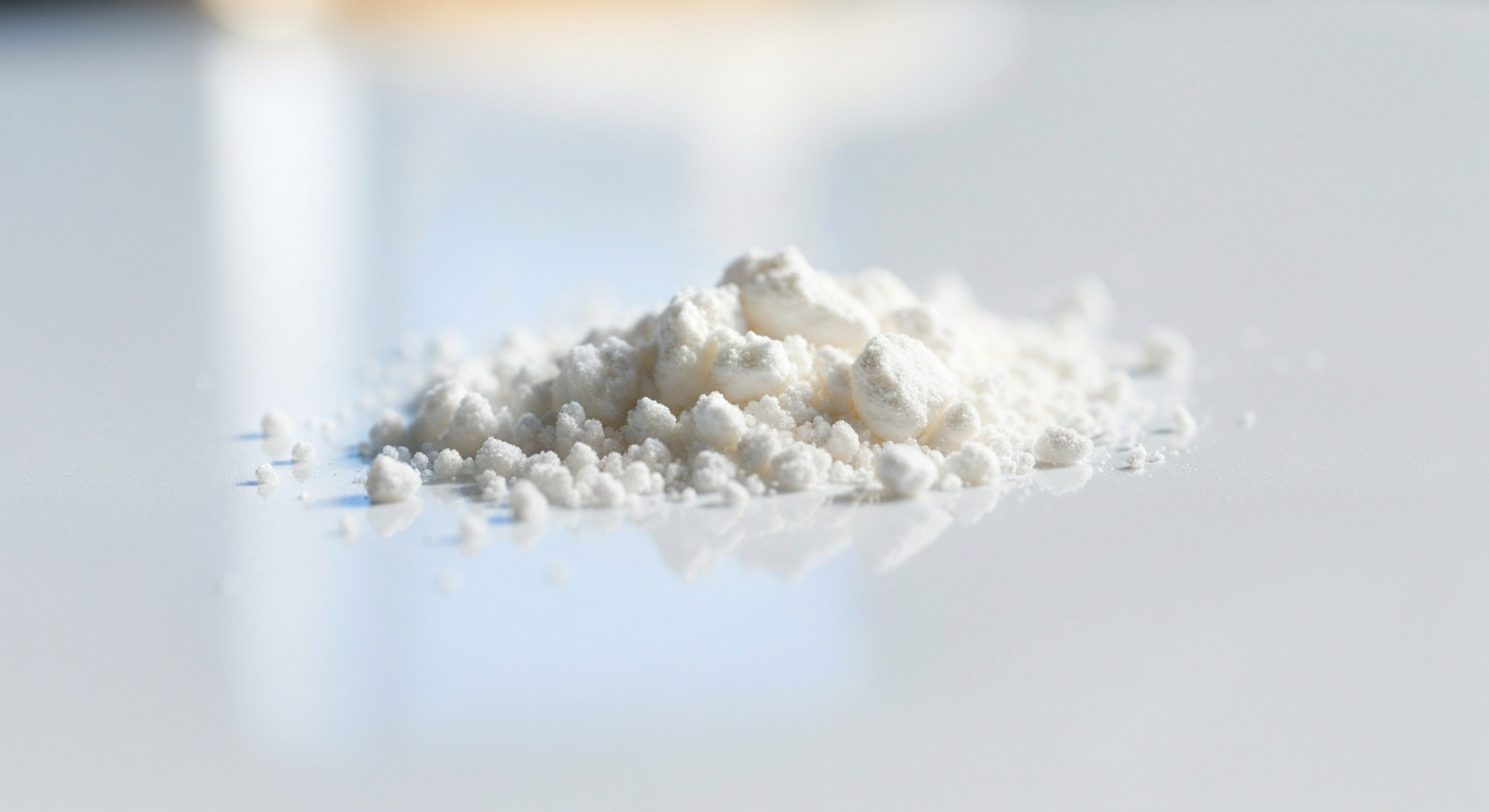 Lithiumcarbonat-Pulver auf weißer Laborfläche in heller Studioausleuchtung