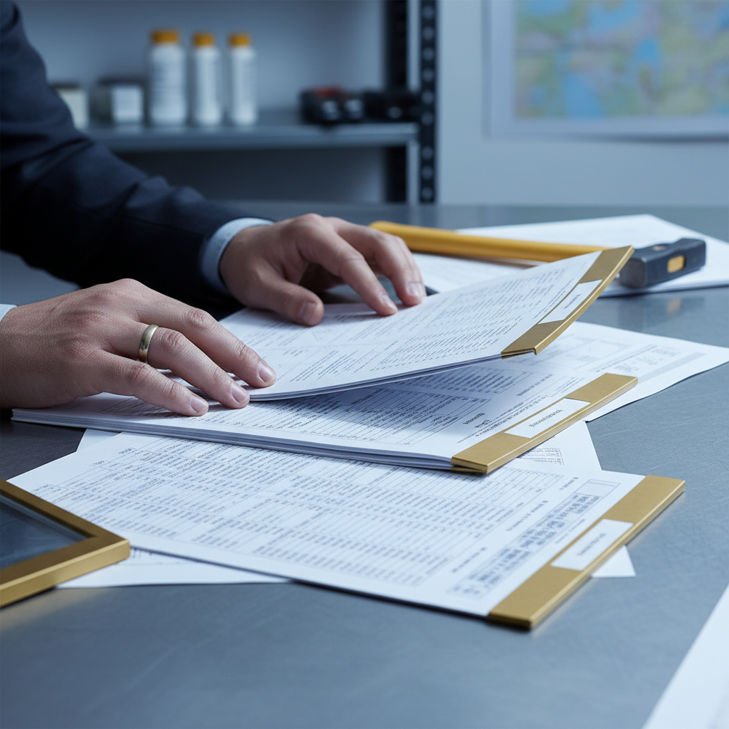 Geologe prüft Finanzierungsunterlagen in einem Büro – Analyse von Placement-Strukturen