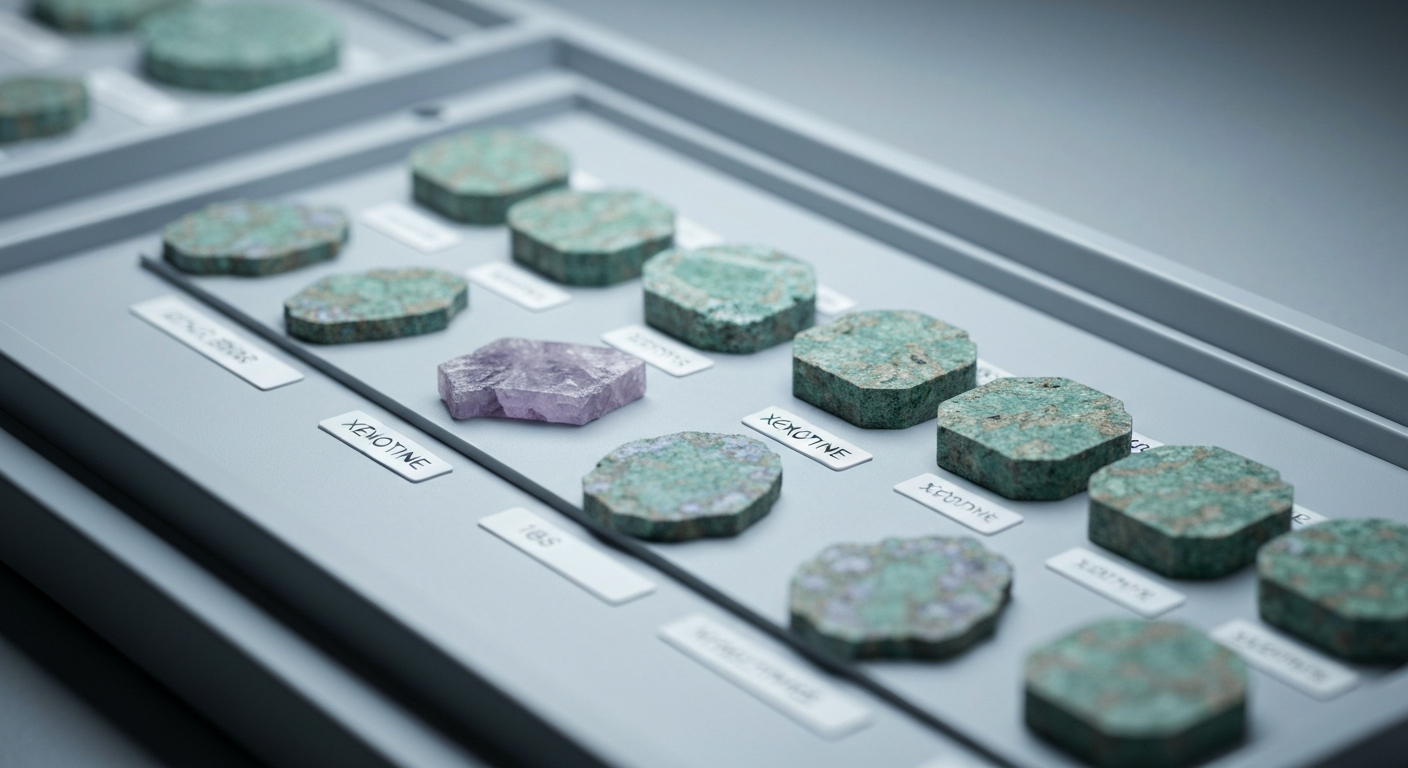 Bohrkerne mit Xenotit-Mineralisierung auf Probenablage in kühlem Laborlicht