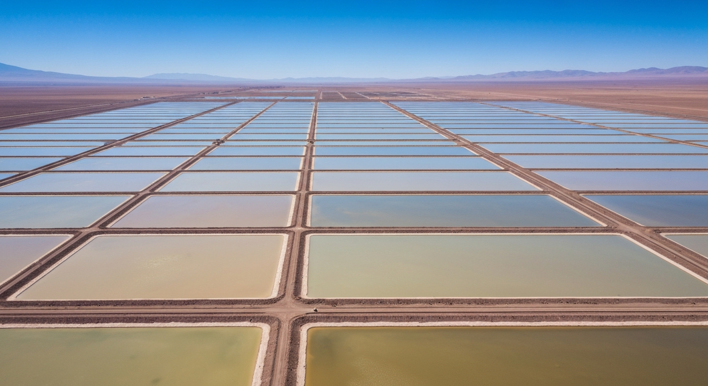Luftaufnahme von Lithium-Verdunstungsteichen in einer Salarwüste, geometrisches Rastermuster in Beige- und Blautönen