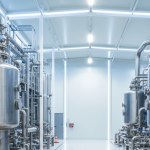 Innere einer modernen Lithium-Raffinierungsanlage mit Edelstahlreaktoren und hellem Industrielicht