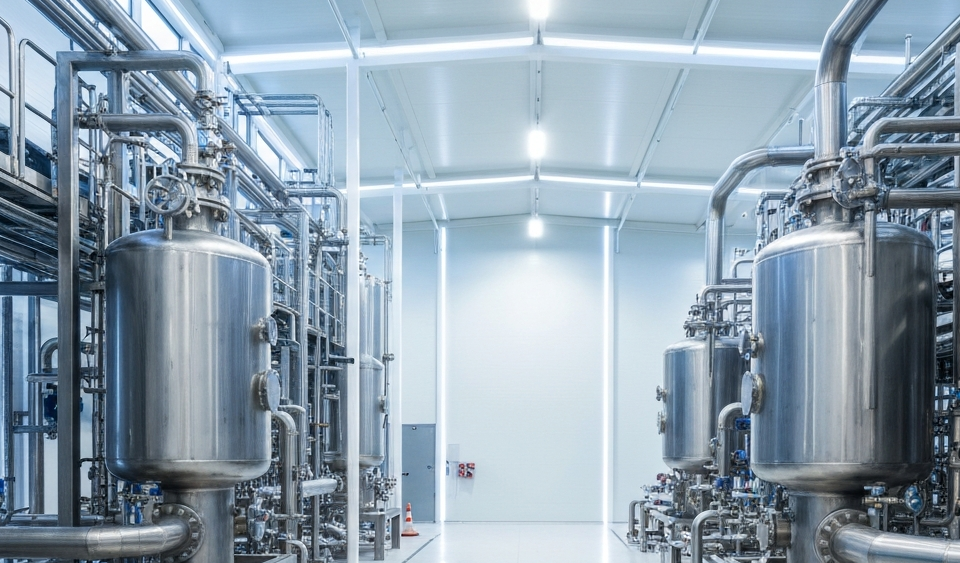 Innere einer modernen Lithium-Raffinierungsanlage mit Edelstahlreaktoren und hellem Industrielicht
