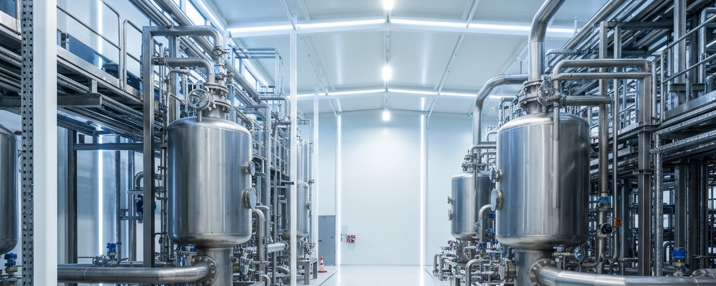 Interior of a modern lithium refining facility with stainless steel reactors and bright industrial lighting