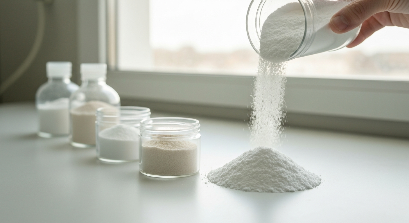 White lithium carbonate powder in laboratory samples on a bright workbench